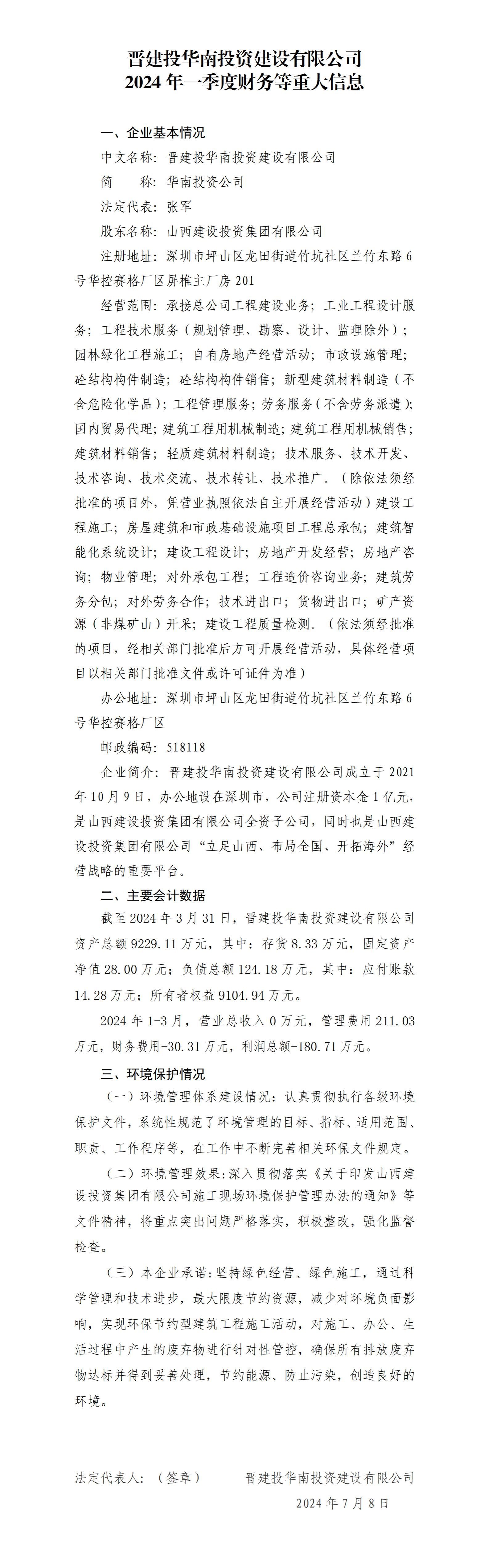 晋建投华南投资冰球突破有限公司2024年一季度财务等重大信息