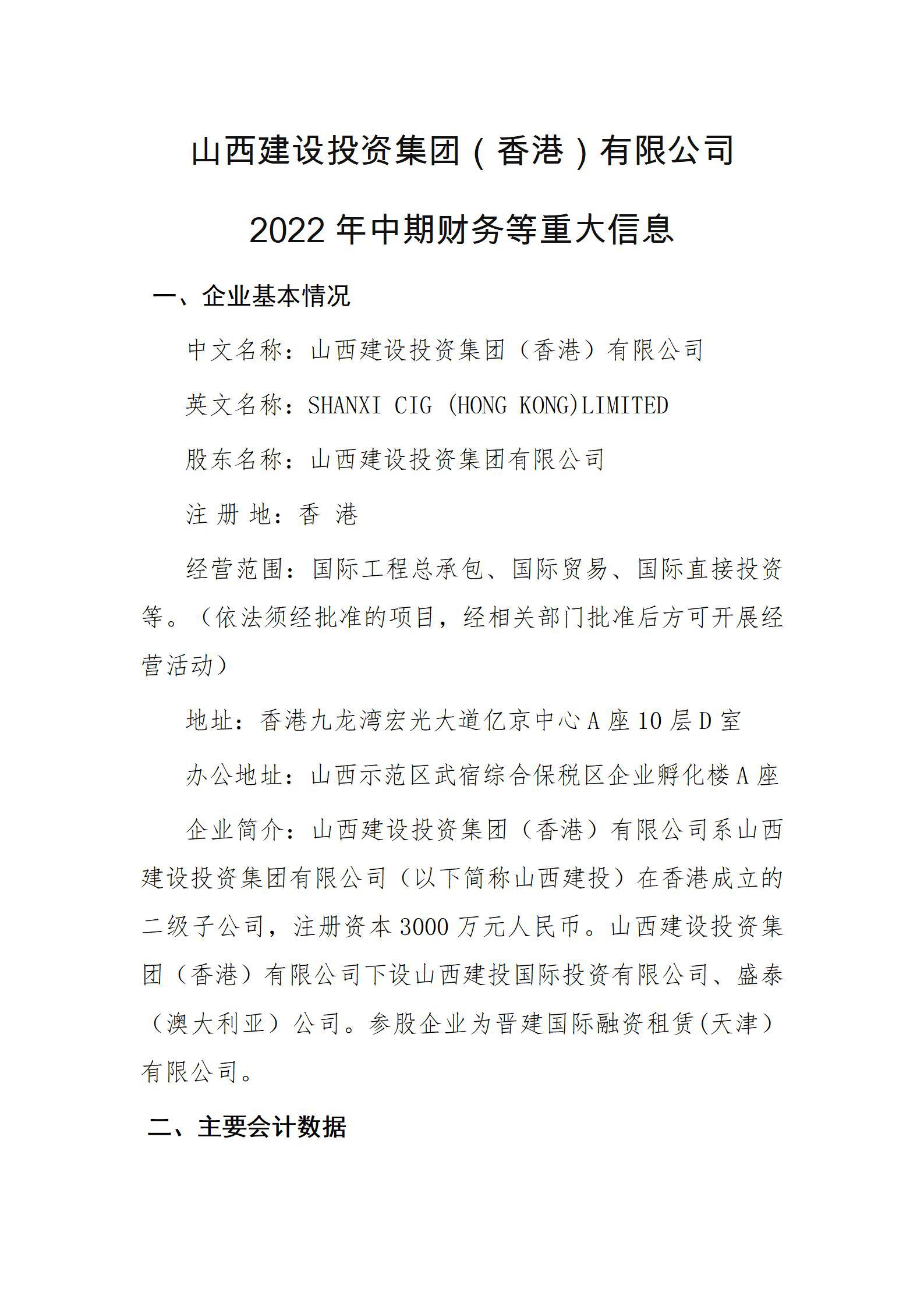 山西冰球突破投资集团（香港）有限公司2022年中期财务等重大信息