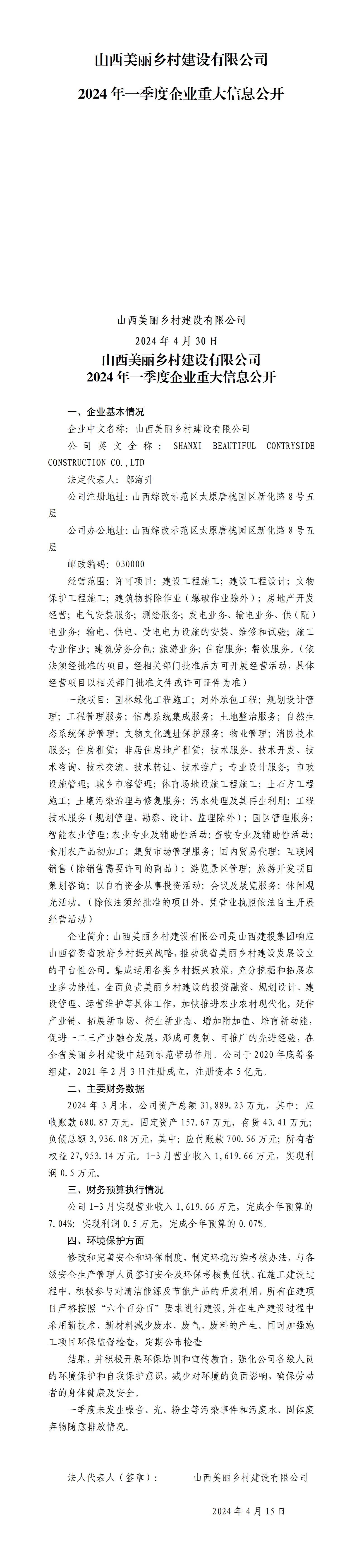 山西美丽乡村冰球突破有限公司2024年一季度企业重大信息公开